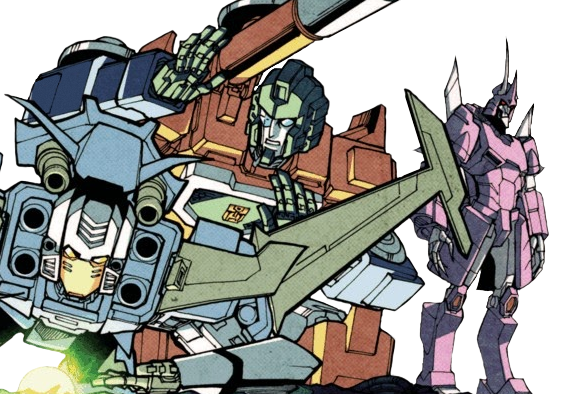 a transparent cutout of brainstorm on the ground, perceptor yelling at him over him, and cyclonus standing in the background
